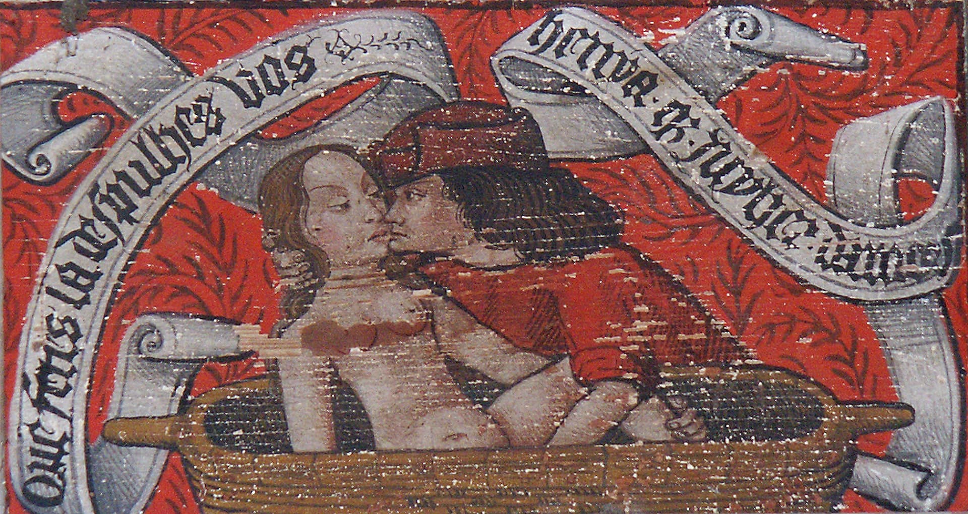 Amour courtois, peinture sur le plafond des salles de l'abbaye Saint-Hilaire (Aude ; photographie : Philippe Contal, 2004)