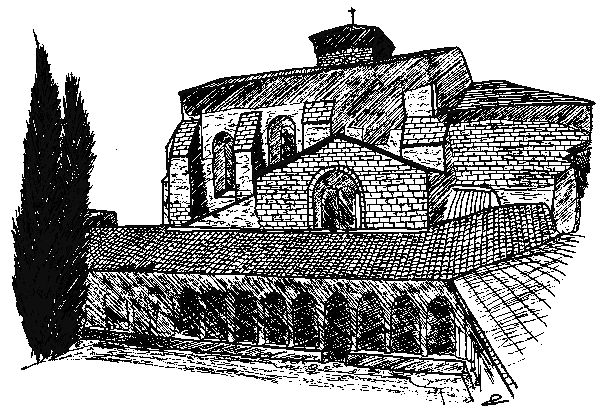 Le cloître de l'abbaye Saint-Hilaire, dans l'Aude, Pays cathare (dessin aux traits de Philippe Contal)