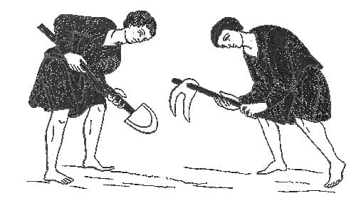 Laboureurs du XIIᵉ siècle, d'après une miniature figurant sur le manuscrit de la Sainte-Chapelle (Bibliothèque Nationale)