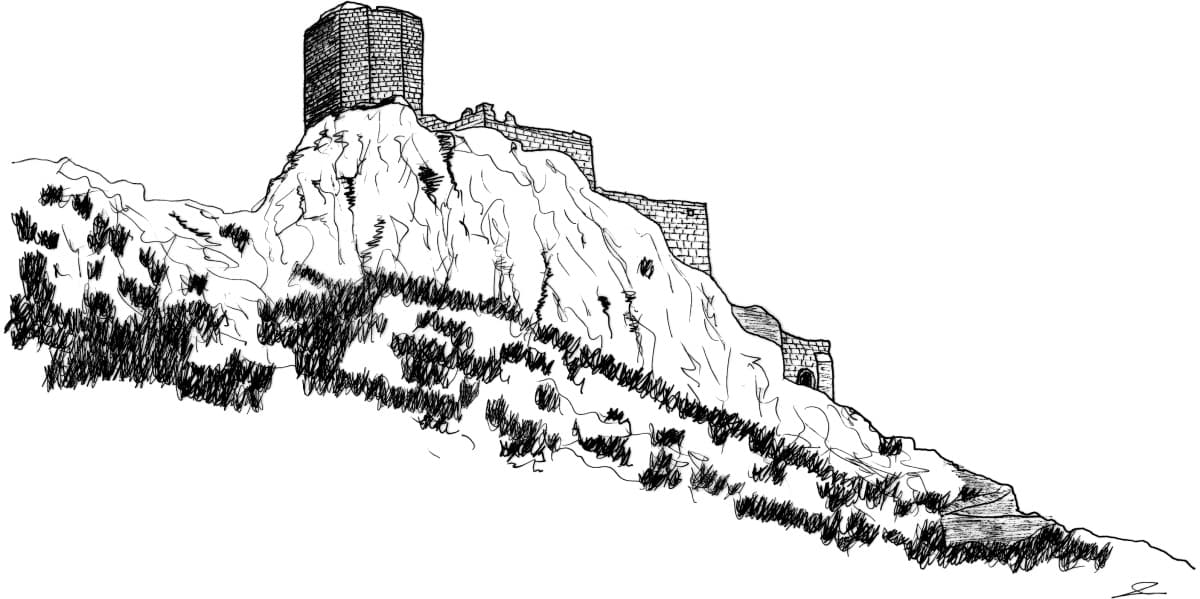 Dessin au trait de la forteresse de Quéribus (Corbières, Aude ; auteur : Philippe Contal)