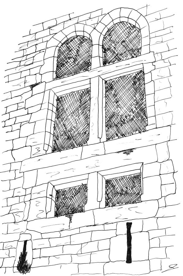 Dessin au traits de la fenêtre à meneaux du donjon de Quéribus, citadelle du vertige en Pays cathare (Corbières, Aude ; dessin au traits : Philippe Contal, 1998)