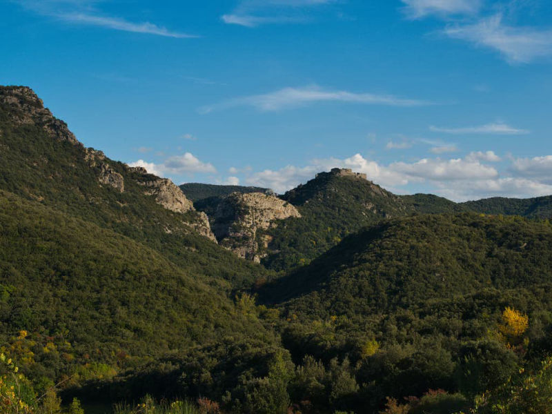 Peu après l'éclipse totale de la lune, le château cathare de Termes dans son écrain naturel de végétation (Termenès, Corbières, Aude ; photographie : Philippe Contal, 2015)