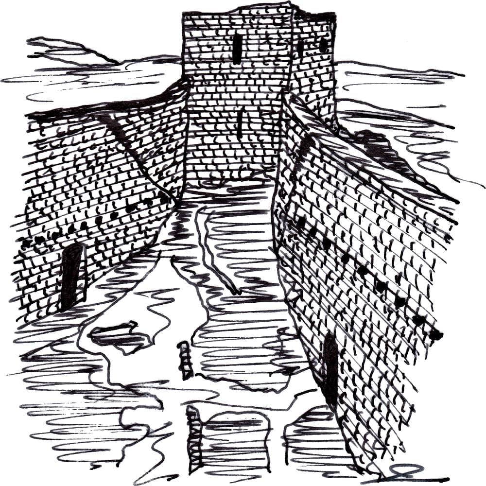 Le château cathare de Montségur depuis le haut du mur bouclier (dessin au trait de Philippe Contal) Le château cathare de Montségur depuis le haut du mur bouclier (dessin au trait de Philippe Contal)