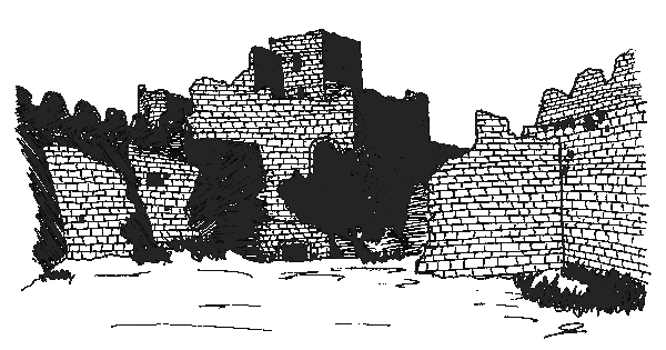 Dessin au traits de la cour intérieure du château cathare de Puilaurens (dessin : Philippe Contal)