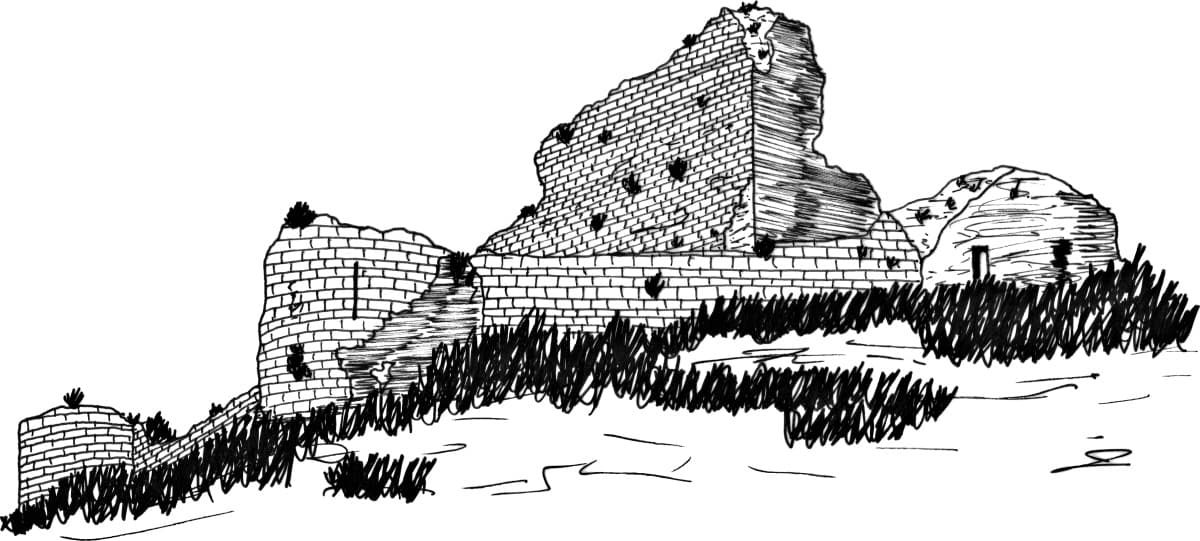 Dessin au trait de la citadelle d'Aguilar (Corbières, Aude ; auteur : Philippe Contal)