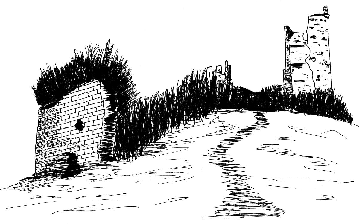 Le château de Miglos (dessin : Philippe Contal)