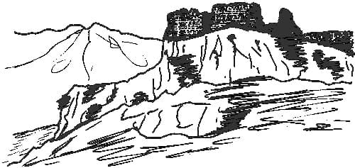 Dessin au trait de la forteresse d'Opuol (Pyrénées-Orientales ; auteur : Philippe Contal)