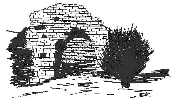 Dessin au traits du château cathare de Termes (Termenès, Corbières, Aude, Pays cathare ; dessin : Philippe Contal)