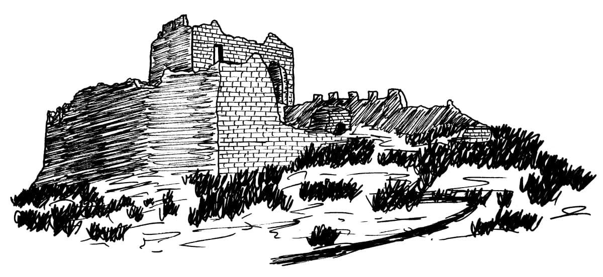 Dessin au trait de la citadelle de Padern (Aude, Pays cathare ; auteur : Philippe Contal)
