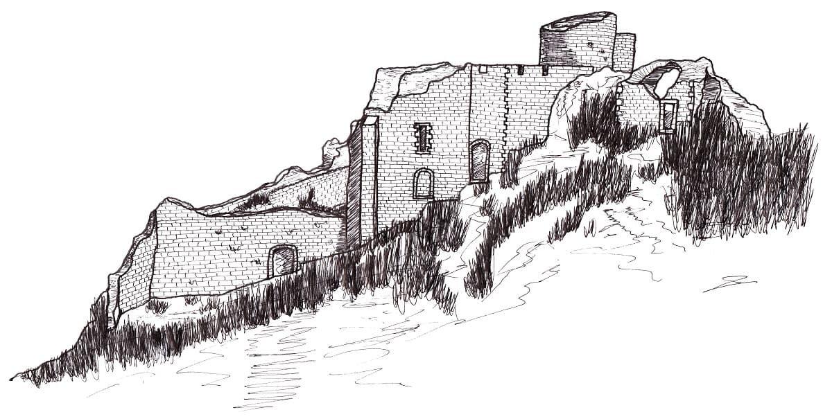 Dessin au trait de la citadelle de Peyrepertuse (Corbières, Aude ; auteur : Philippe Contal)