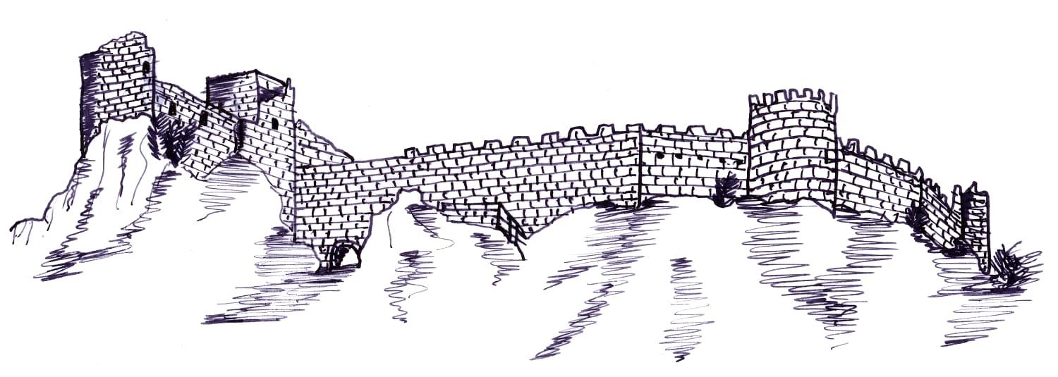 Dessin au trait de la citadelle de Puilaurens (Corbières, Aude ; auteur : Philippe Contal)