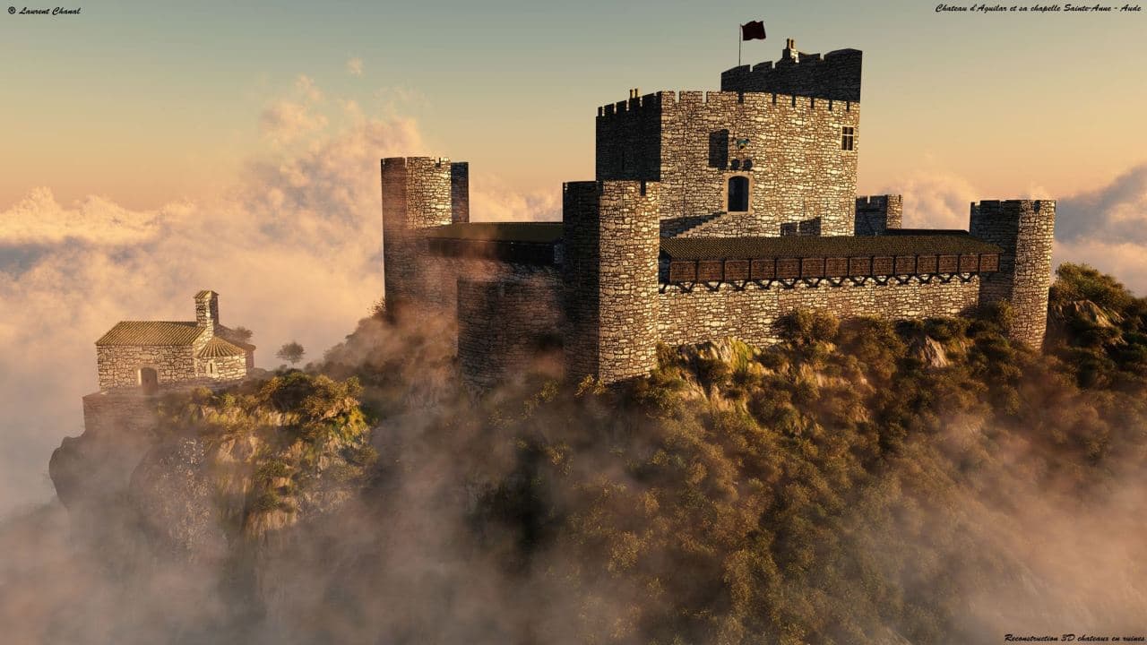 Reconstitution de la forteresse d'Aguilar et de sa chapelle Sainte-Anne (Tuchan, Corbières, Aude, Pays cathare ; réalisation : Laurent Chanal)