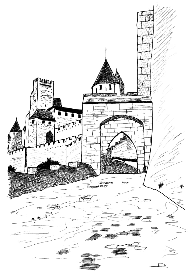 La Porte d'Aude et remparts de la Cité médiévale de Carcassonne (Aude, Pays cathare ; dessin aux traits : Philippe Contal)