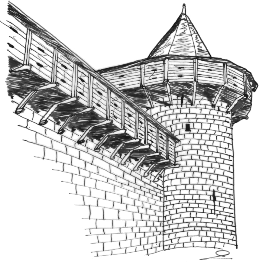 Hourds (structures temporaires en bois) protégeant le château comtal de la Cité médiévale de Carcassonne (Aude, Pays cathare ; dessin aux traits : Philippe Contal)