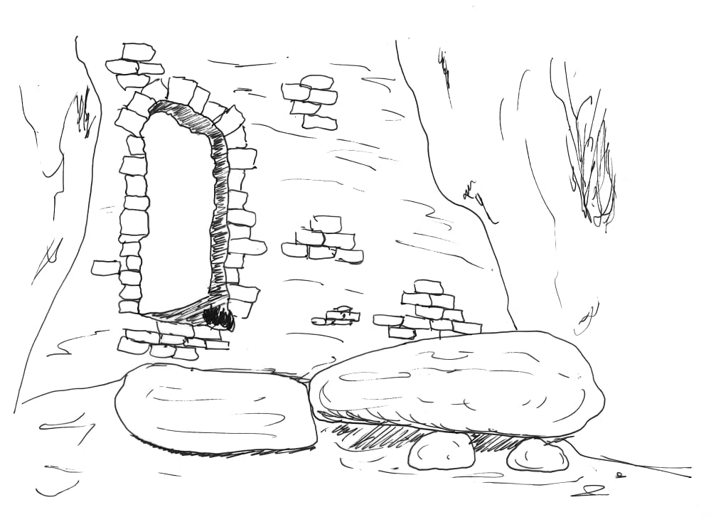 Dessin de la spoulga (grotte fortifiée) d'Ornolac, appelée également « Grotte de Bethléem » (Ariège ; dessin au traits de Philippe Contal)