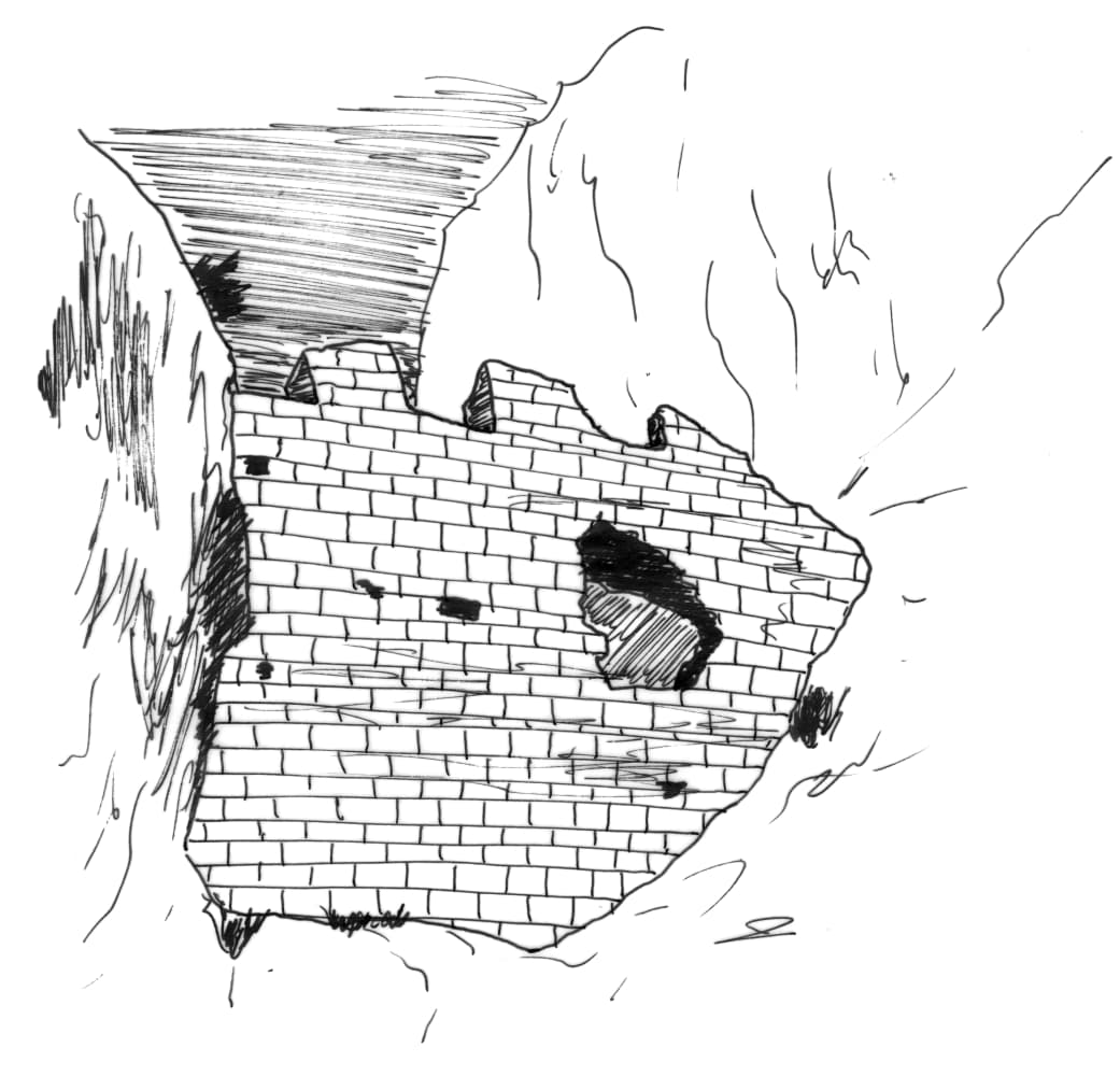 La spoulga (grotte fortifiée) de Bouan (Ariège ; dessin au traits de Philippe Contal)