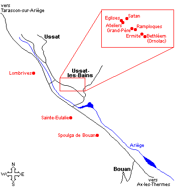 Plan de situation des grottes de la Vallée de l'Ariège (Ussat-les-Bains)