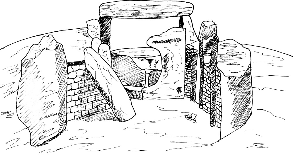 L'Allée couverte (Dolmen des Fées ou Fades) de Pépieux-Minervois (Aude, Pays cathare ; dessin aux traits : Philippe Contal)